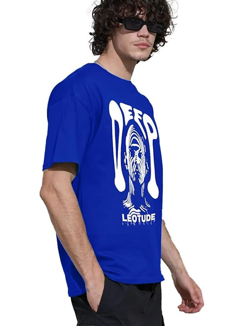 LEOTUDE Half Sleeve Oversized Cottonblend Round Neck Drop Shoulder Printed Men's T-Shirt (Color Black)