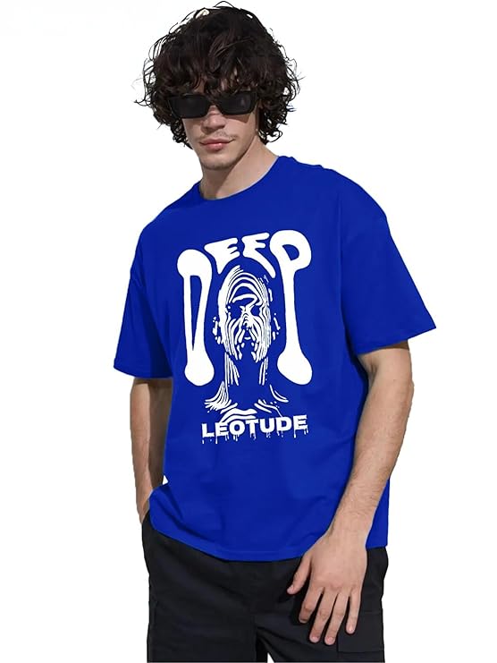 LEOTUDE Half Sleeve Oversized Cottonblend Round Neck Drop Shoulder Printed Men's T-Shirt (Color Black)